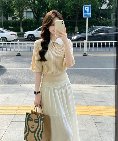 한국 chic 여름 새로운 품격 POLO 칼라 배색 망토 외국 가스 얇은 스타일 니트 스웨터