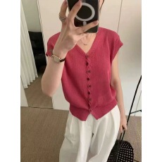 批发纯色v领单排扣飞袖针织<b class='q'>开衫</b><b class='q'>女</b>2026夏季薄款绝美巨好看的通勤上衣