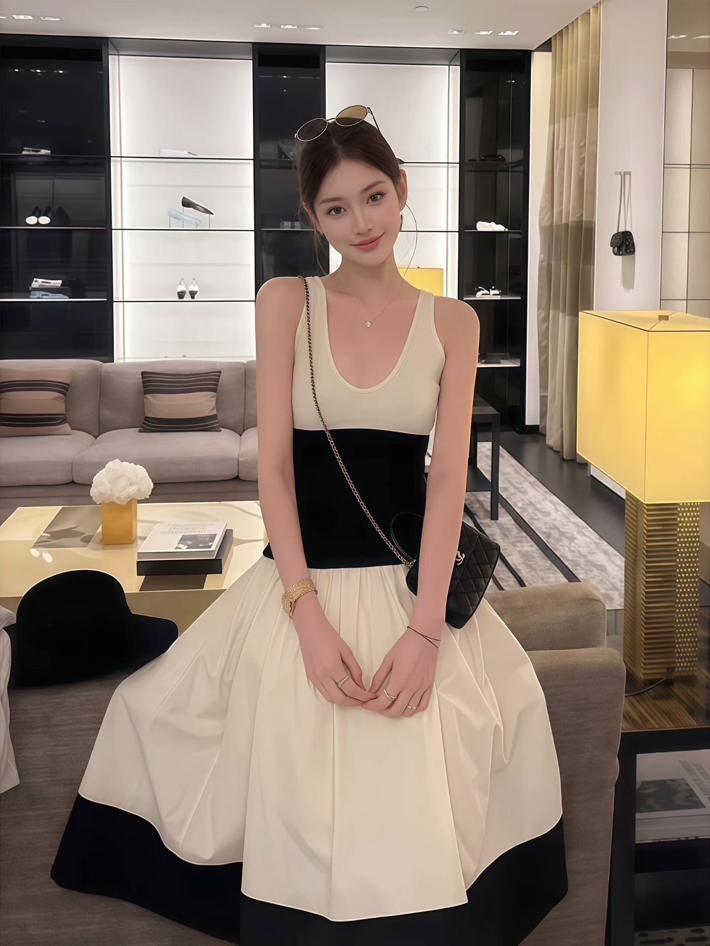 프랑스식 천 금빛 바람 배색 패치워크 캐미솔 여름 새로운 품격 하이웨이스트 한 마디 반신 스커트 투피스 세트