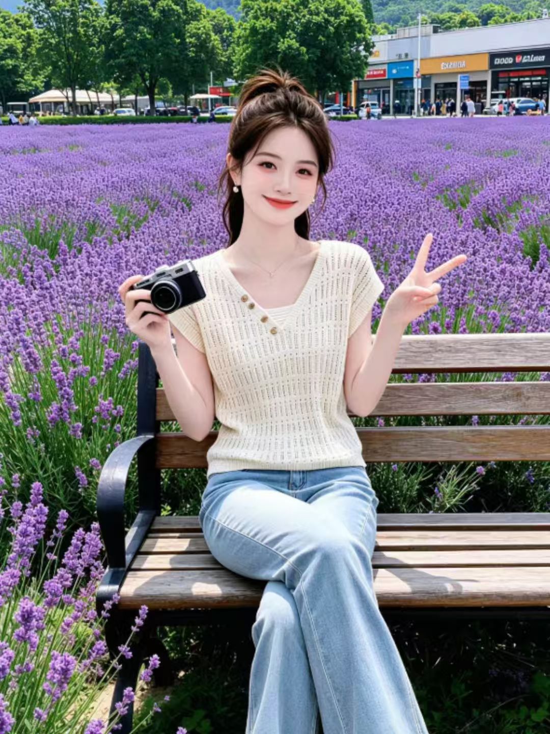 느긋한 바람 V넥 얇은 스타일 홀로우 아웃 반팔 니트 스웨터 여성 패션 슬림해 보이는 작은 키 디자인 센스 연령 감소 맨위 트렌디