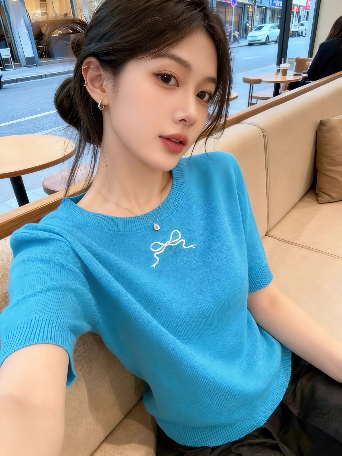 한 부서 chic 뒤로 홀로우 아웃 얼음 실크 반팔 티셔츠 여성 2026 여름 새로운 니트 맨위