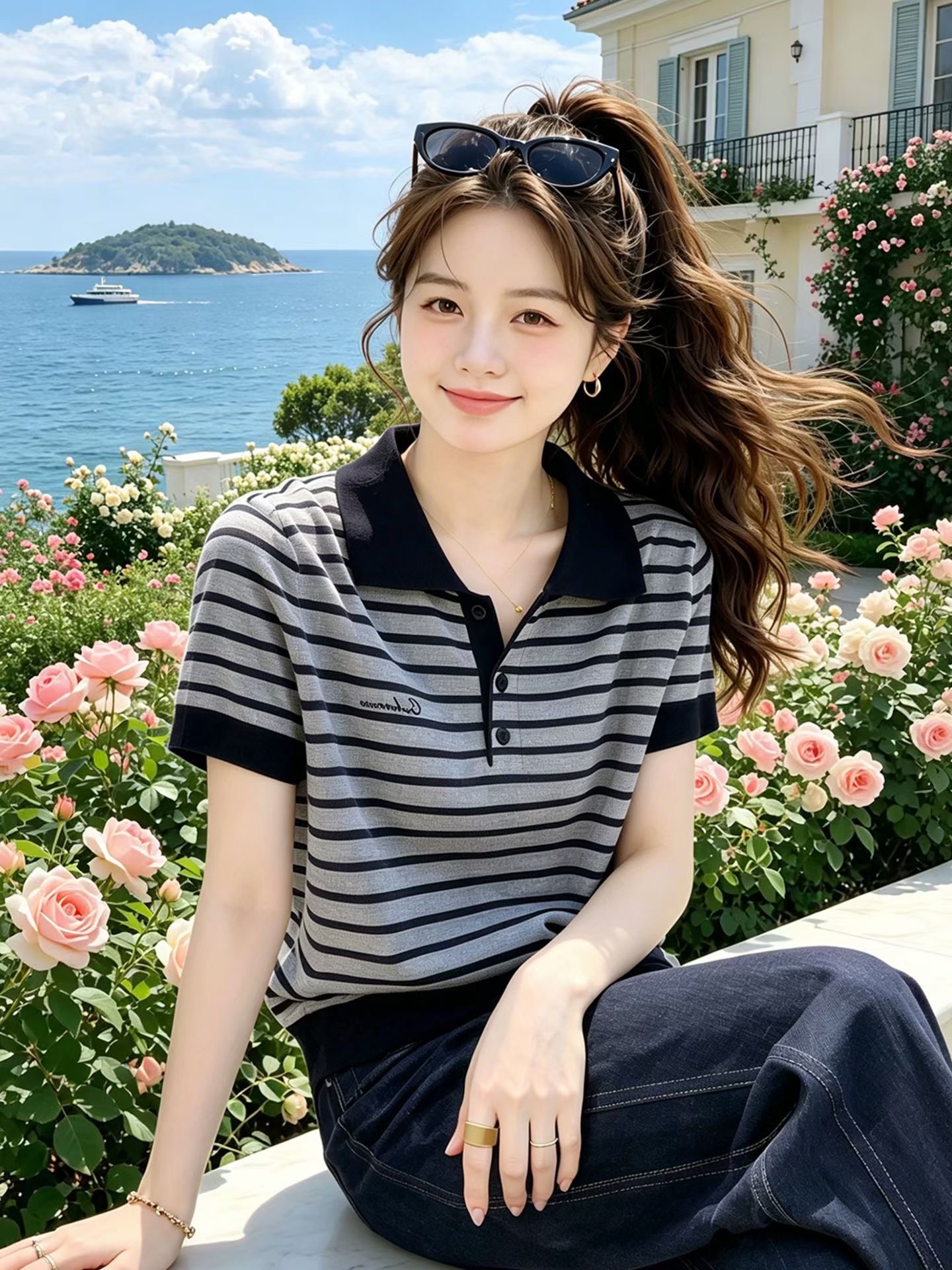 2026 여름 새로운 출퇴근 바람 티셔츠 여성 배색 스트라이프 POLO 칼라 루즈핏 반팔 풀오버 맨위