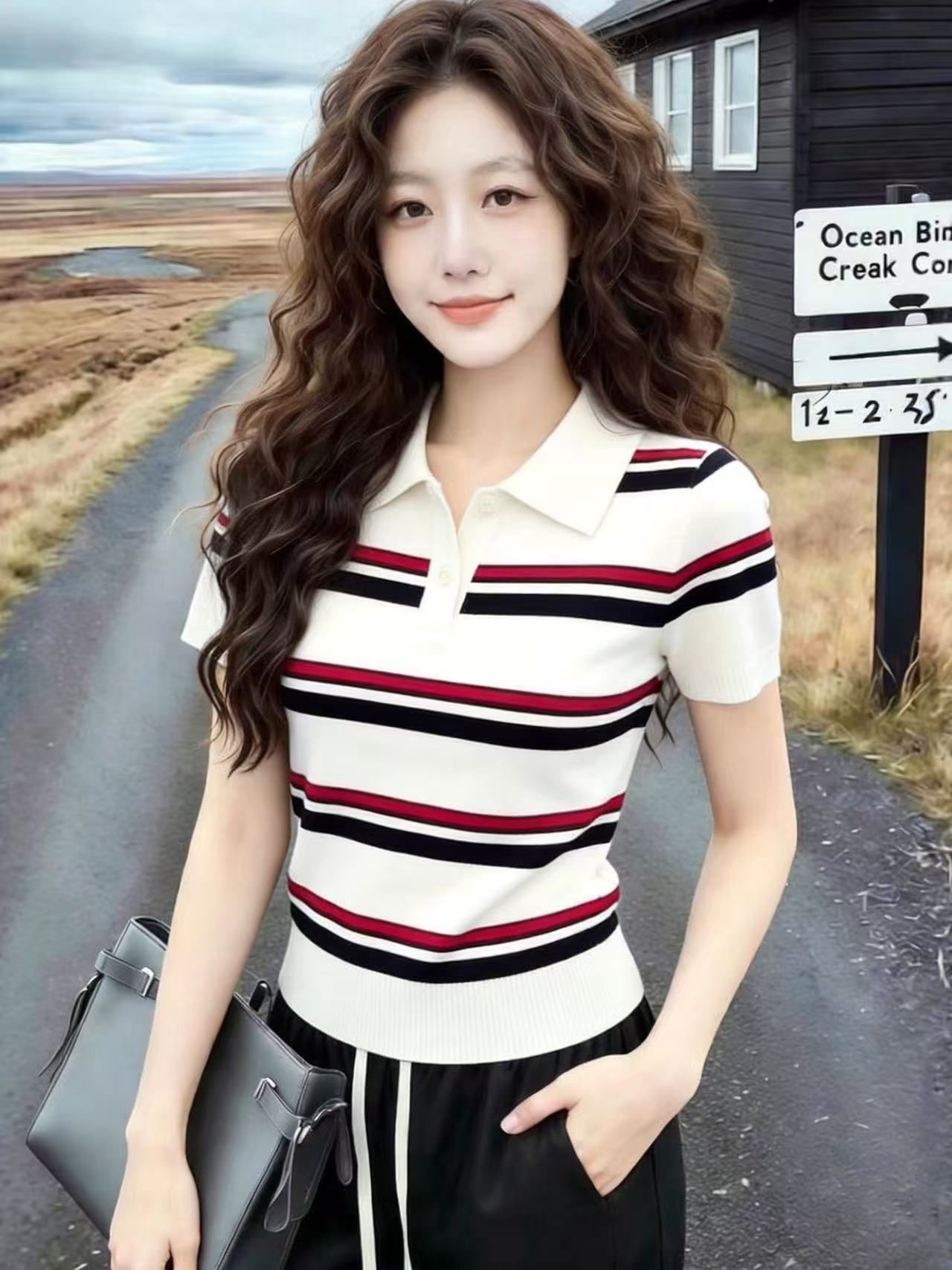 표지 배 스트라이프 POLO 칼라 캐주얼 짧은 소매 위버