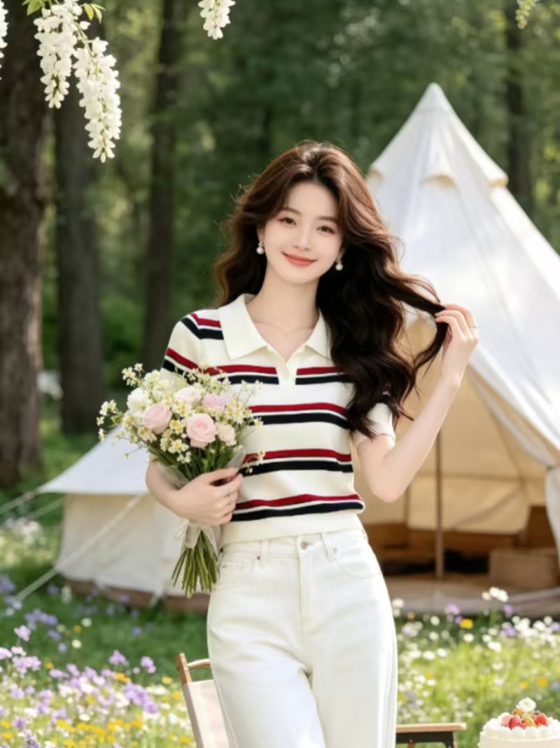 표지 배 스트라이프 POLO 칼라 캐주얼 짧은 소매 위버