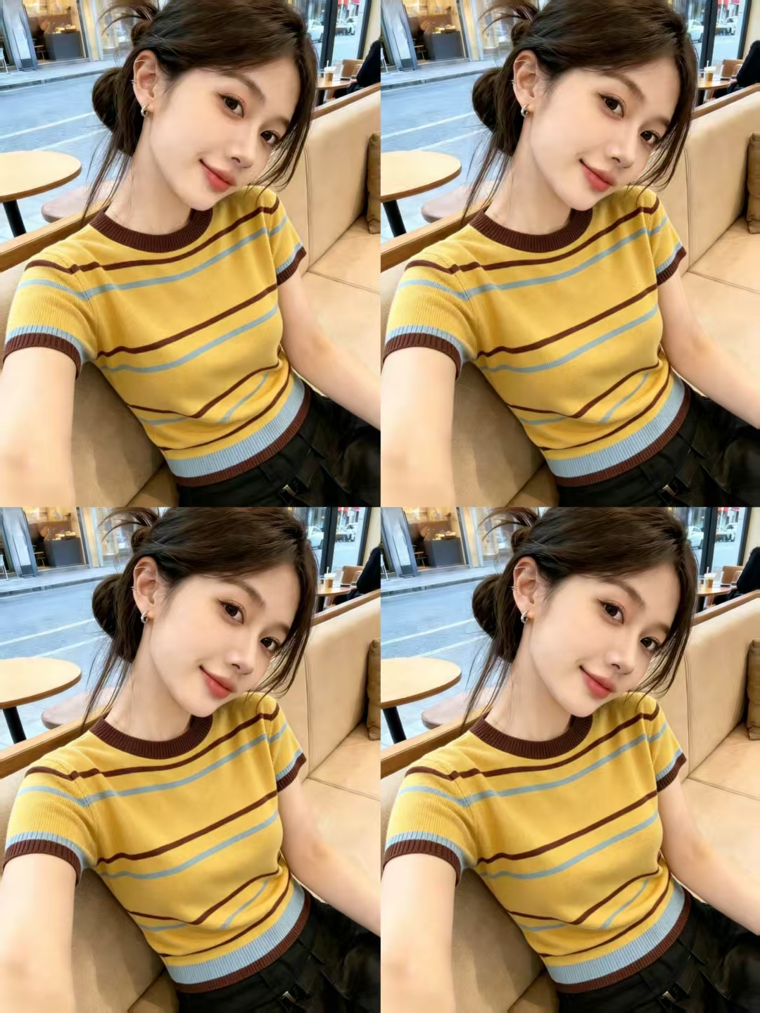 도파민 배색 스트라이프 니트 반팔 긍정적 인 어깨 티셔츠 여성 여름 몸매 가꾸기 슬림해 보이는 튀김 거리 고유 한 아름다운 맨위