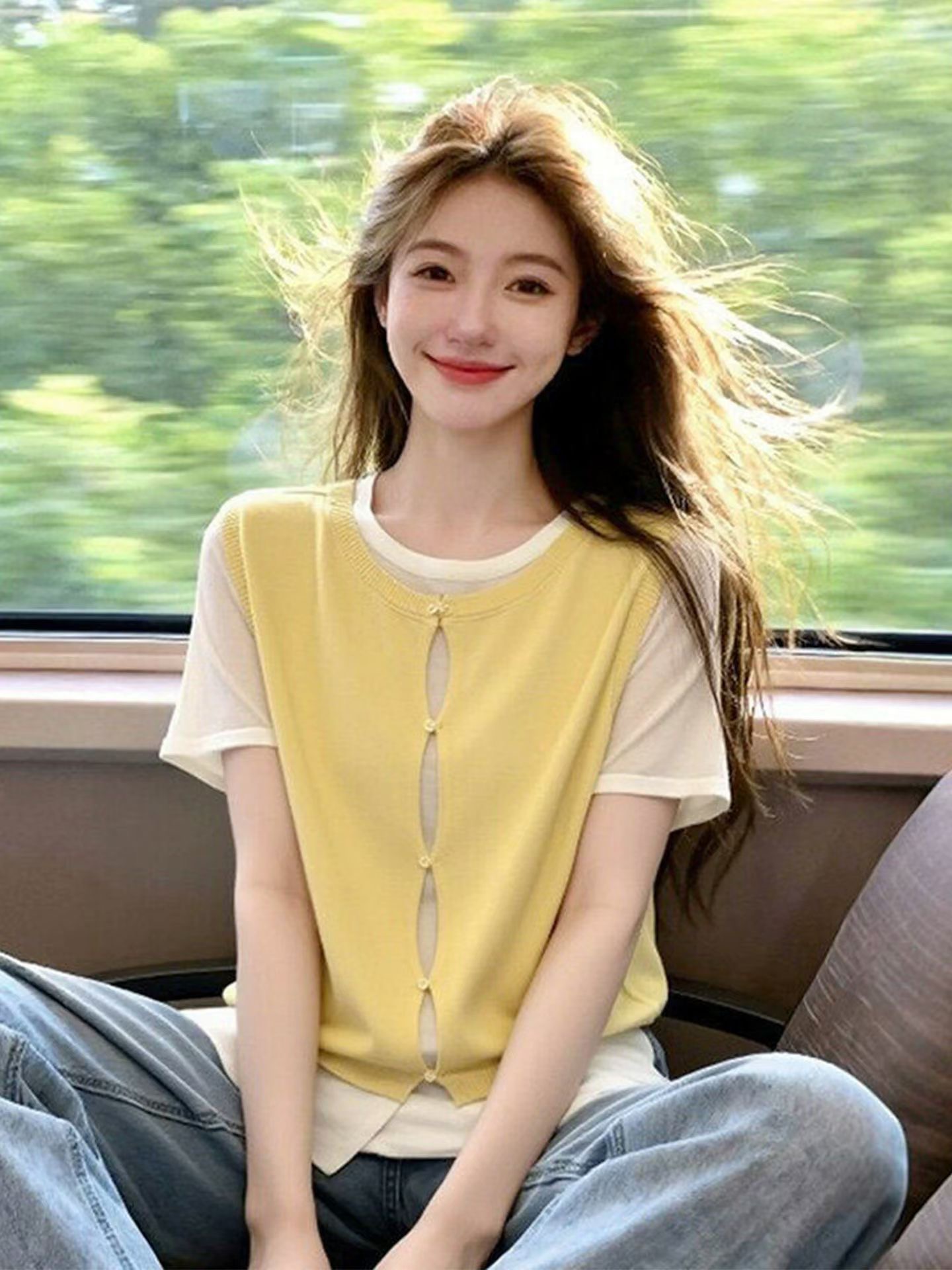 rare she 봄 배색 패치워크 페이크 레이어드 니트 스웨터 여성 한 부서 베스트 반팔 티셔츠 스택 착용 맨위