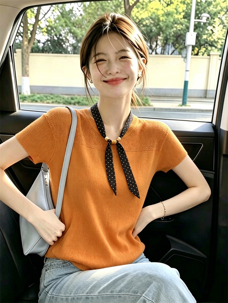 한 부서 스카프 반팔 홀로우 아웃 디자인 센스 니트 스웨터 여성 여름 새로운 패션 다용도 슬림해 보이는 맨위