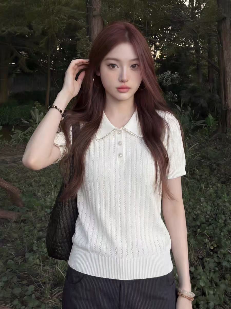 한 부서 무거운 작업 다이아몬드 세팅 POLO 칼라 반팔 니트 스웨터 여성 2026 여름 자이언트 잘 생긴 아름다운 맨위