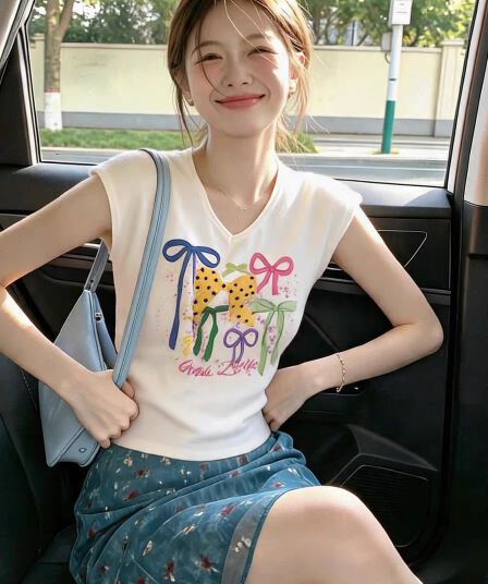한 부서 나비 매듭 프린트 V넥 반팔 티셔츠 여성 여름 새로운 긍정적 인 어깨 몸매 가꾸기 슬림해 보이는 쇼트 스타일 작은 맨위