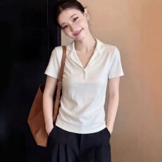 批发2026年新款法式<b class='q'>西装</b>翻领polo针织短袖女纯色<b class='q'>修身</b>显瘦气质天丝上衣