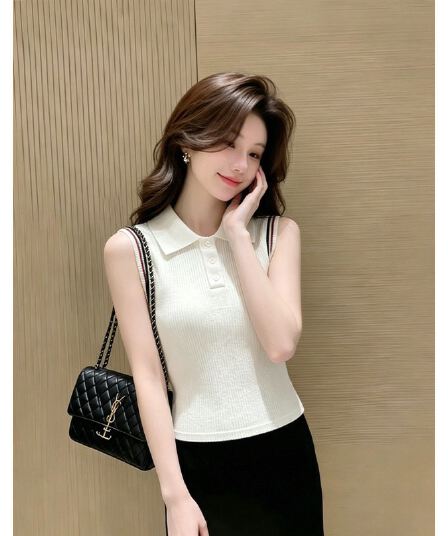 프랑스식 작은 폴로 칼라 민소매 니트 조끼 여성 여름 디자인 센스 인사이드 가져 가라. 캐주얼 미니멀리즘 출퇴근 패션 맨위 트렌디