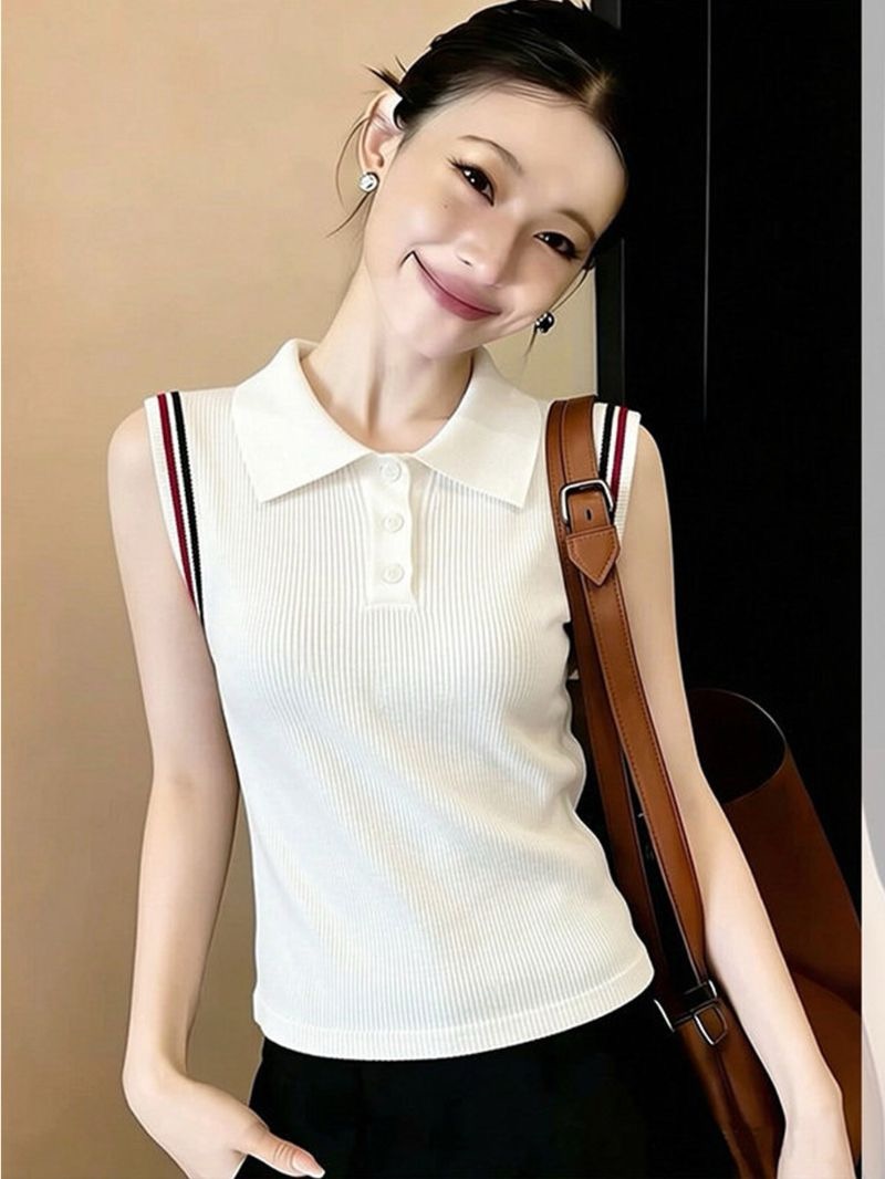 패션 미니멀리즘 베이지 색 POLO 칼라 하프 버클 민소매 조끼 여성 여름 새로운 아니요 명중 섹션 다용도 슬림해 보이는 맨위
