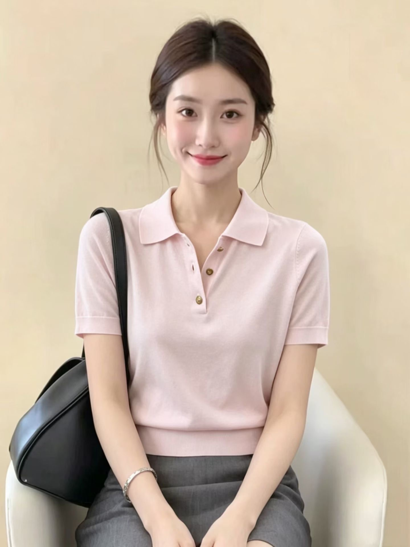 한 부서 느긋한 바람 핑크색 장난기 넘치는 POLO 칼라 니트 반팔 여성 봄 고유 한 아름다운 싱글 착용 풀오버 맨위 트렌디