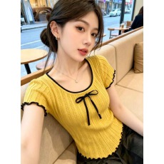 批发韩系撞色领蝴蝶结系带冰丝<b class='q'>针织衫</b>2026夏季新款女修身 天丝面料