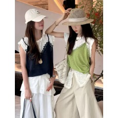 批发2026新款圆领纯色开衫宽松丝巾短袖针织女春夏款极简显瘦气质上衣