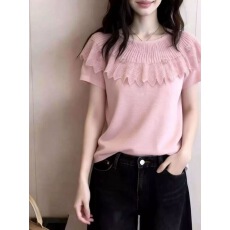 批发新款时尚高级法式<b class='q'>甜美</b>风一字肩荷叶边针织衫色女休闲百搭通勤上衣