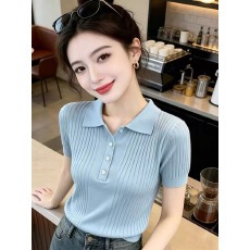 批发夏季<b class='q'>新款</b>Polo领针织短袖t恤气质显瘦老钱风针织衫<b class='q'>打底衫</b>