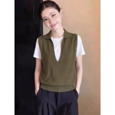 批发军绿色法系时尚假两件短袖针织<b class='q'>T</b><b class='q'>恤</b>女2026夏季新款高级感大码上衣