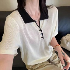 批发韩版女装高级感麻花灰色Polo针织短袖<b class='q'>t</b><b class='q'>恤</b>2026年夏季别致独特上衣
