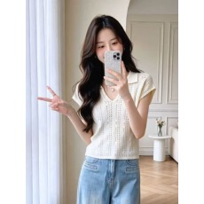 批发韩系Polo领针织短袖打底衫上衣2026夏季新款夏装设计感<b class='q'>t</b><b class='q'>恤</b>女装<b class='q'>t</b><b class='q'>恤</b>
