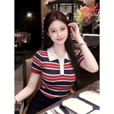 批发美式复古撞色条纹POLO领针织短袖<b class='q'>T</b><b class='q'>恤</b>女夏季别致漂亮修身显瘦上衣
