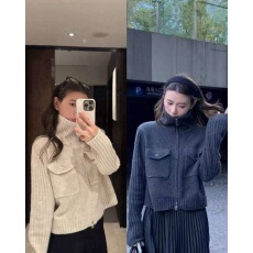 批发软糯深蓝拉链针织毛衣女秋冬宽松显白显瘦加厚短款外套上衣