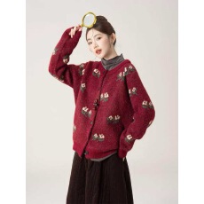 批发红色田园风花朵<b class='q'>圆领</b>毛衣外套女春季新款宽松软糯加厚<b class='q'>针织</b><b class='q'>开衫</b>上衣