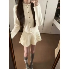 批发贵气千金感小香风套装气质针织女秋季百褶裙短款半身裙miu系穿搭