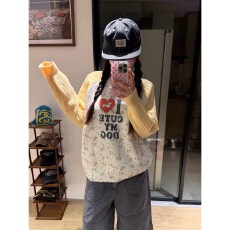 批发美式趣味印花拼色长袖针织<b class='q'>毛衣</b>男女春秋宽松休闲百搭套头毛衫
