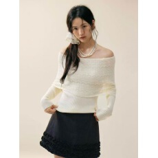 批发蕾丝一字肩毛衣女<b class='q'>春</b>秋气质修身显瘦针织衫露肩别致高级感锁骨上衣