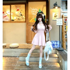 批发粉红少女 <b class='q'>甜美</b>风长袖针织连衣裙女早秋修身显瘦百搭短裙子