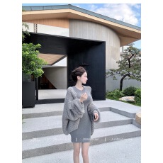 批发WW定制打底神器拼接长袖<b class='q'>包臀</b>针织连衣裙毛衣外套两件套装
