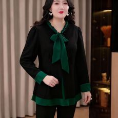 批发2025秋季新款大码女装时尚拼接撞色长袖<b class='q'>衬衫</b>淑女宽松显瘦遮肉上衣