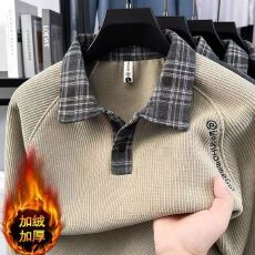 批发秋冬加绒卫衣男士大码宽松翻领保暖T恤上衣男潮流时尚休闲打底衫