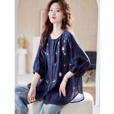 批发早秋新款大码女装法式文艺重工刺绣衬衫气质宽松五分<b class='q'>袖</b>爆款<b class='q'>上衣</b>潮