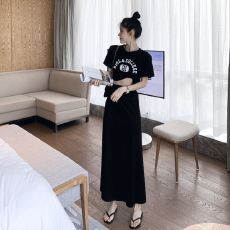 批发【6535拉架棉】女港风短款印花T恤+高腰<b class='q'>半身裙</b>可盐可甜运动两件套