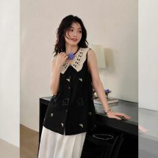 批发2026新款森系刺绣娃娃领马甲夏季韩系宽松无袖可拆卸钩花领上衣潮
