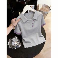 批发92%棉气质轻奢POLO衫短袖t恤女夏季设计感独特宽松小个子上衣体恤