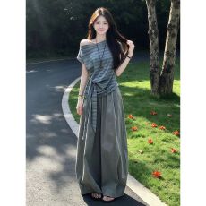批发韩系巨好看穿搭一整套2026新款斜肩<b class='q'>条纹</b>短袖t恤女夏季阔腿<b class='q'>裤</b><b class='q'>套装</b>