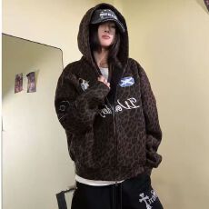 国潮***美式豹纹贴布刺绣印花连帽卫衣男春秋季宽松boxy开衫外套
