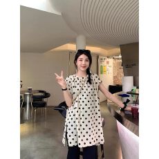 批发开叉设计百搭小飞袖宽松中长款上衣2025夏季新款休闲简约波点裙女