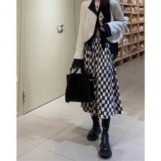 批发复古<b class='q'>棋盘</b><b class='q'>格</b>子半身裙女春秋冬新款设计感小众高腰显瘦中长裙a字裙