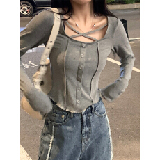 批发辣妹心机锁骨显瘦短上衣女薄款修身长袖针织T恤夏装
