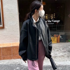 批发韩版新款黑色仿皮衣外套女2025春秋美欧新款港风休闲pu皮夹克上衣