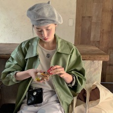 批发果绿色纯色复古夹克式PU皮衣短外套韩版秋季新款港风休闲克上衣