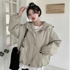 批发美式连帽冲锋衣外套女装<b class='q'>春</b>秋2025新款宽松设计感抽绳长袖夹克上衣