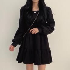 批发<b class='q'>欧美风</b>方领显瘦褶皱韩版少女减龄宽松高腰复古小个子街拍<b class='q'>连衣裙</b>