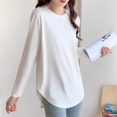 批发纯色减龄<b class='q'>中长款</b>长袖t恤女春秋装弧形下摆大码宽松上衣内搭打底衫