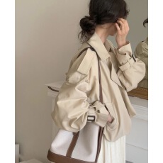 批发韩国chic秋季法式复古西装领两粒扣宽松休闲长袖短款风衣外套女