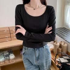 批发正肩U领<b class='q'>长袖</b>T恤女早春新款修身显瘦<b class='q'>打底衫</b>小个子内搭短款上衣百搭
